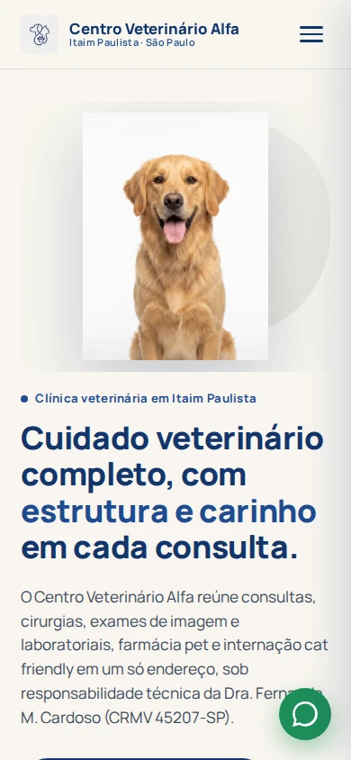 Captura de Centro Veterinário Alfa em tela de celular simulada